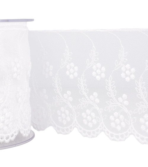 Bobine 14m Tulle brodé fleurs blanc