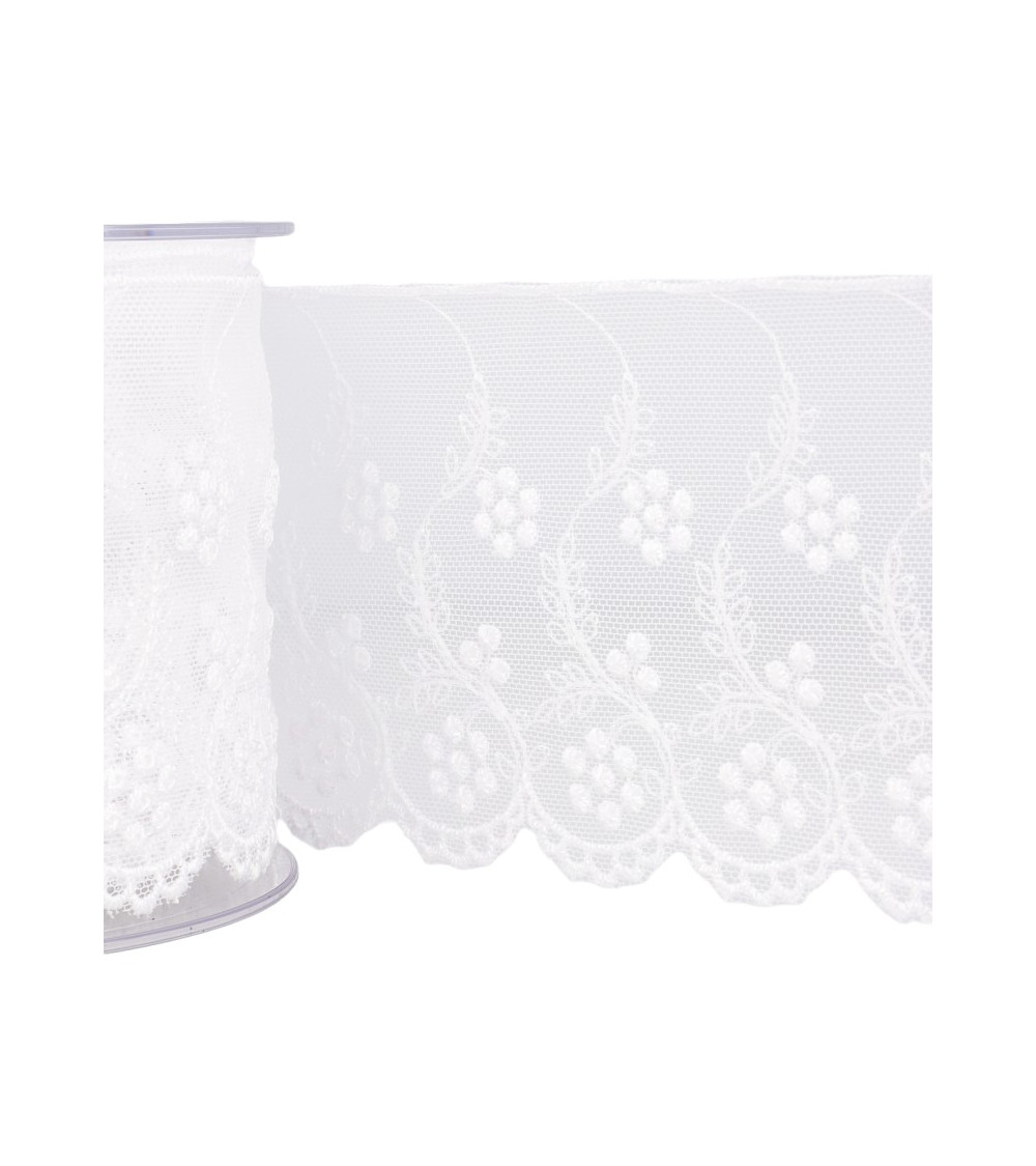 Bobine 14m Tulle brodé fleurs blanc