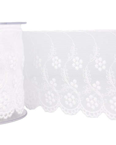 14m spool Tulle embroidered white flowers