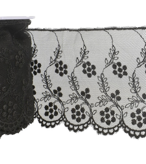 14m spool Tulle embroidered black flowers