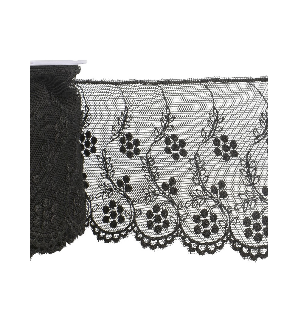 14m spool Tulle embroidered black flowers