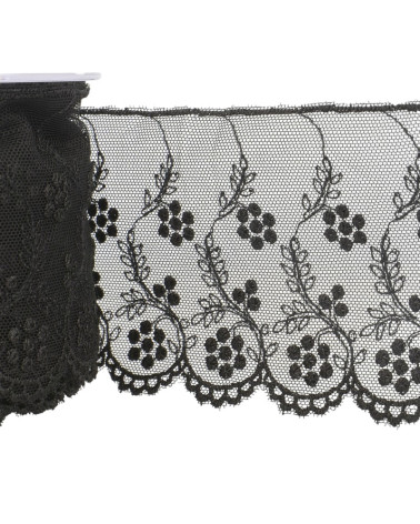 14m spool Tulle embroidered black flowers