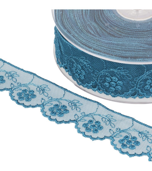 14m spool Tulle embroidered duck blue flowers
