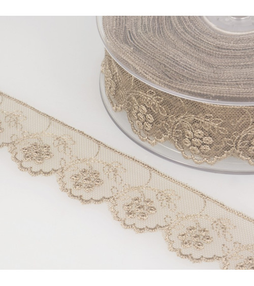 14m spool Tulle embroidered taupe flowers