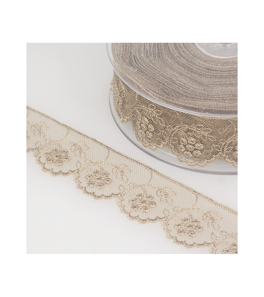 14m spool of embroidered tulle flowers in taupe