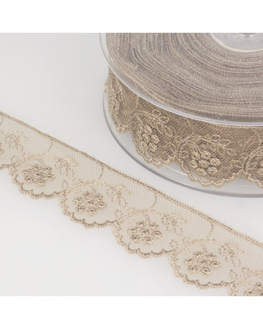 14m spool Tulle embroidered taupe flowers