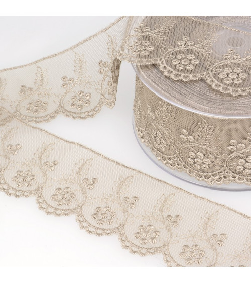 14m spool of embroidered tulle flowers in taupe