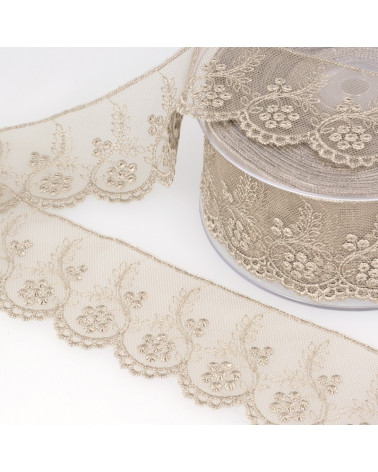 14m spool Tulle embroidered taupe flowers