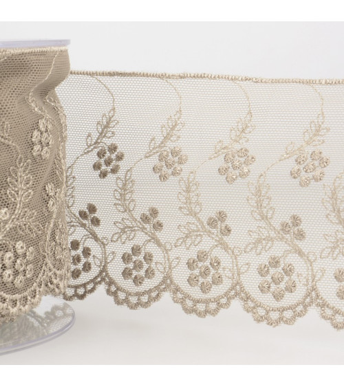 14m spool of embroidered tulle flowers in taupe