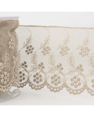 14m spool of embroidered tulle flowers in taupe