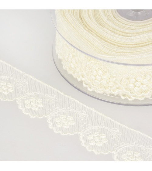 14m spool Tulle embroidered ecru flowers
