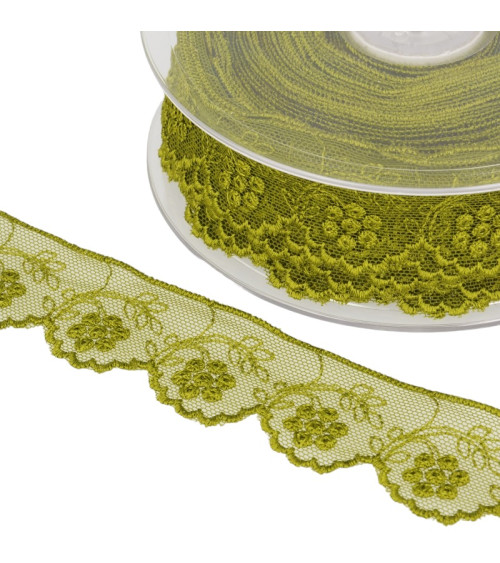 14m spool Tulle embroidered khaki flowers