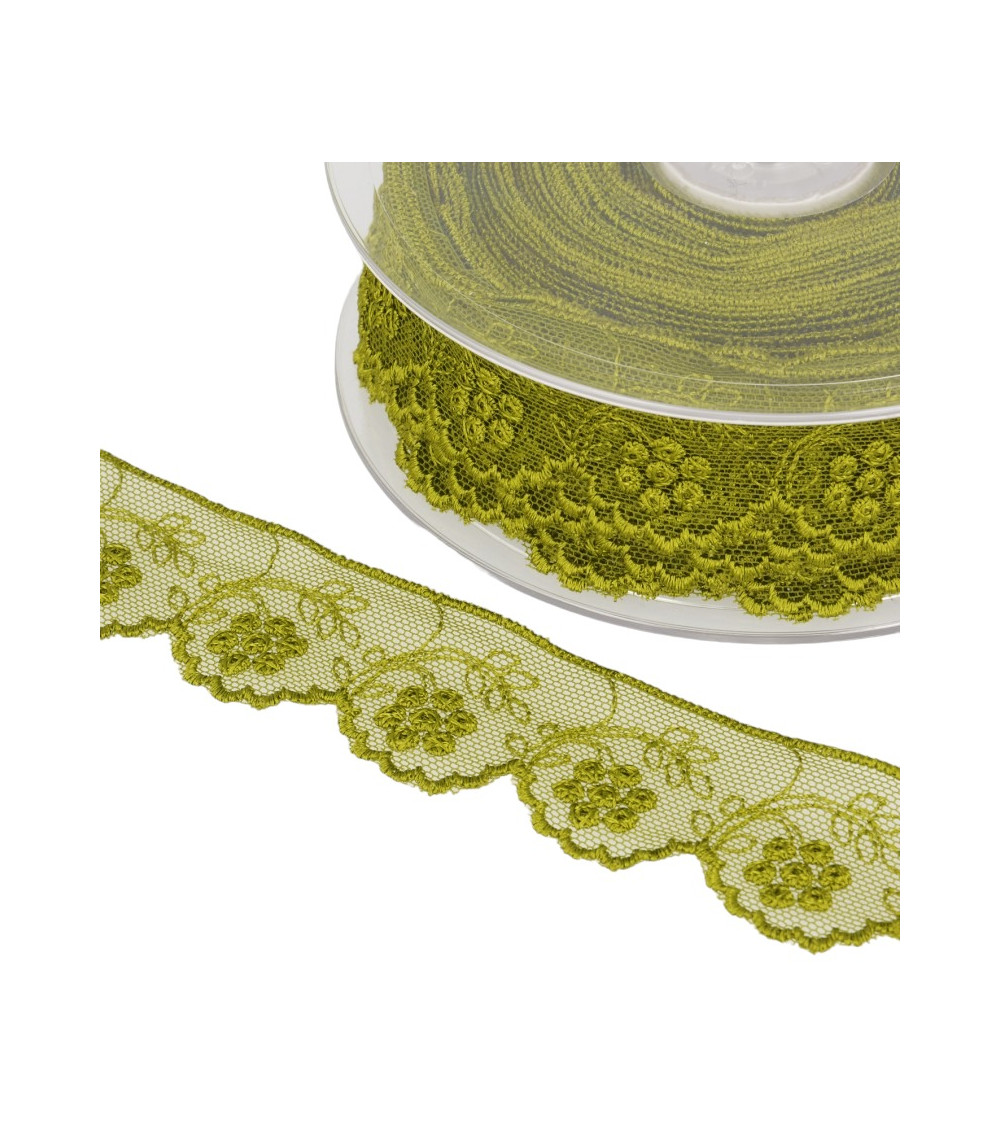 14m spool Tulle embroidered khaki flowers