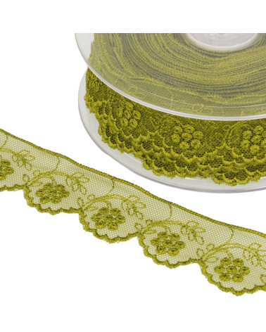 14 m Spule. Tüll mit bestickten Khaki-Blumen