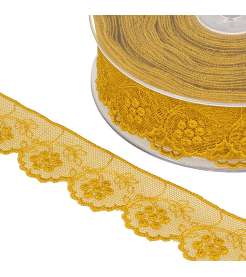 14m spool Tulle embroidered curry yellow flowers