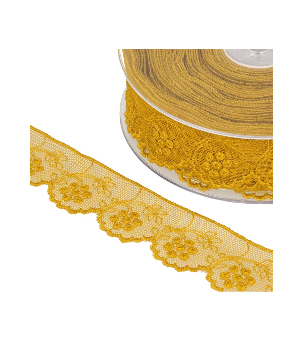 14m spool of embroidered tulle with curry yellow flowers