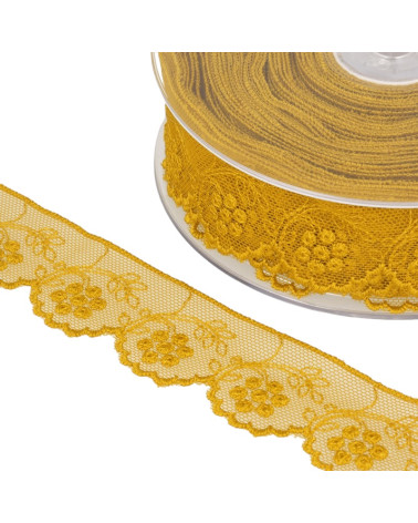 14m spool of embroidered tulle with curry yellow flowers
