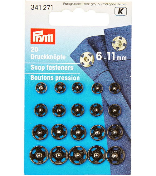 Assortiment de 20 boutons pression à coudre laiton 6-11 mm noir Prym