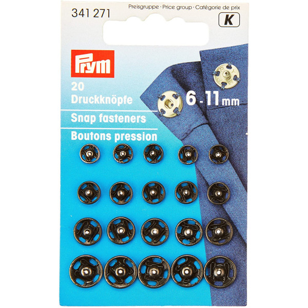 Assortiment de 20 boutons pression à coudre laiton 6-11 mm noir Prym