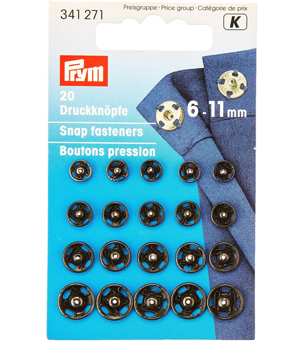 Assortiment de 20 boutons pression à coudre laiton 6-11 mm noir Prym