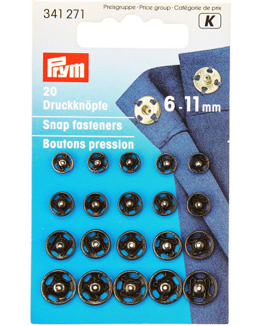 Assortiment de 20 boutons pression à coudre laiton 6-11 mm noir Prym