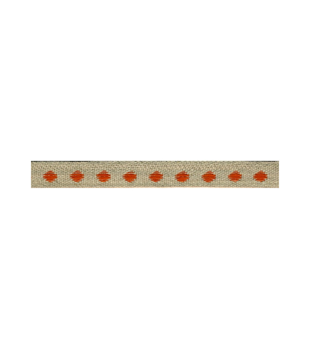 Bobine 25m galon marron Pois Orange en lin 11mm