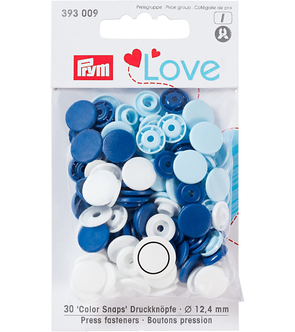 Prym Love Boutons pression plastique 12mm bleu/blanc/bleu clair