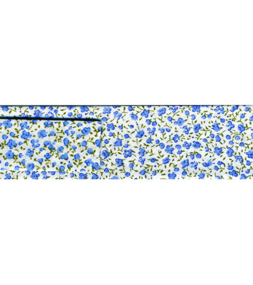 Bobine 25m biais imprimé petites fleurs fleurs bleues 20mm