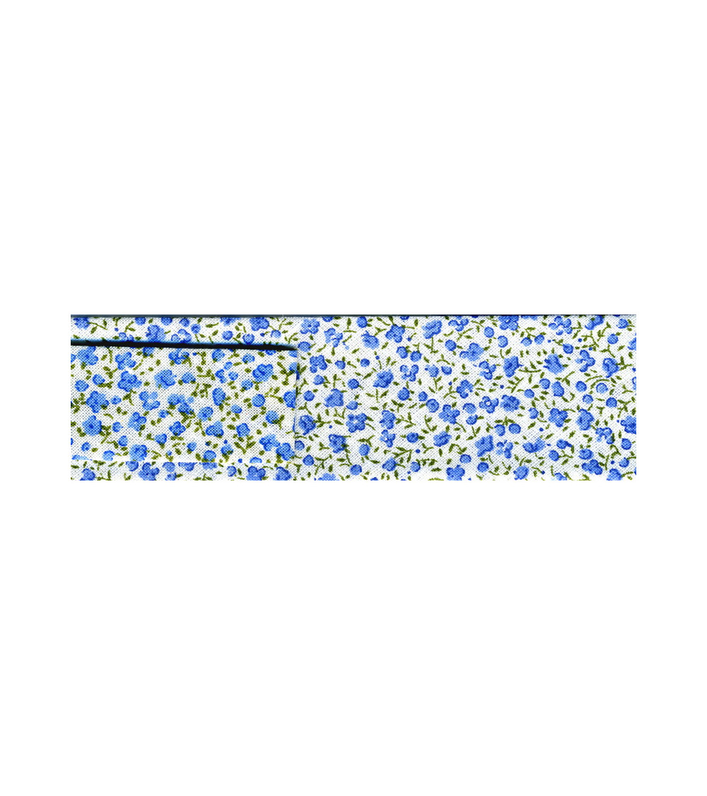 Spool of 25m bias binding printed with small blue flowers 20mm