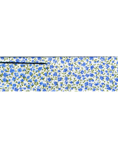 Spool of 25m bias binding printed with small blue flowers 20mm