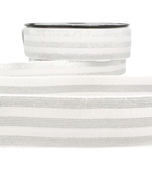 Metal striped elastic 40mm white/silver by the meter