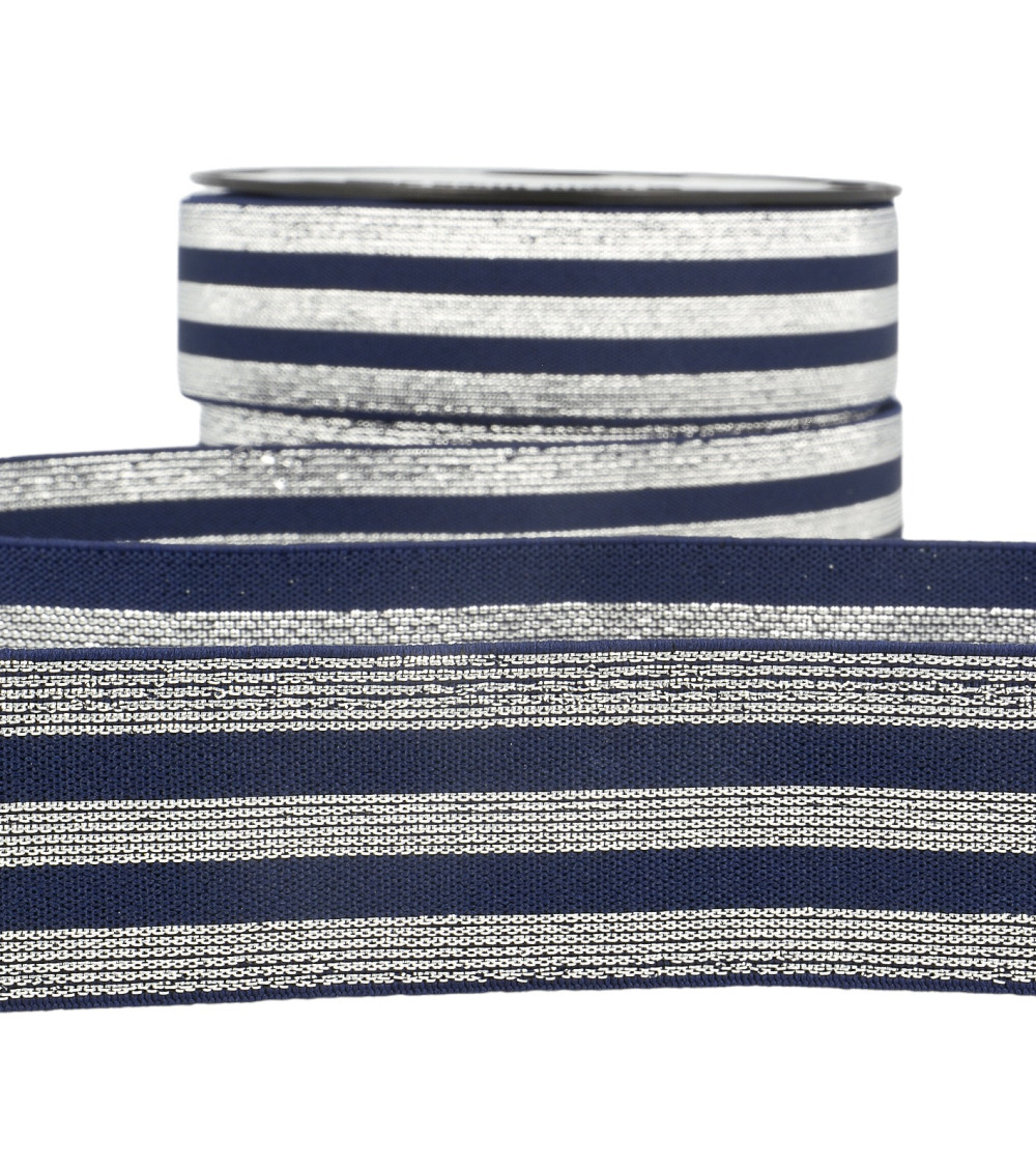 Metal striped elastic 40mm navy/silver by the meter