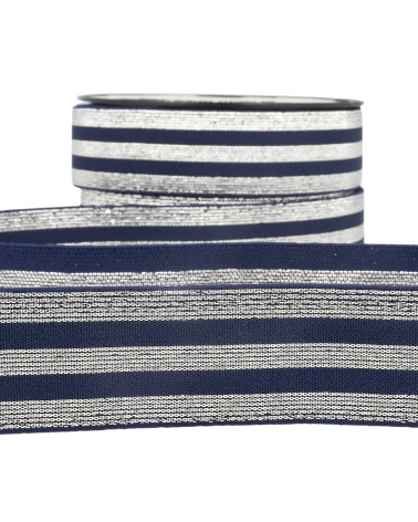 Metal striped elastic 40mm navy/silver by the meter