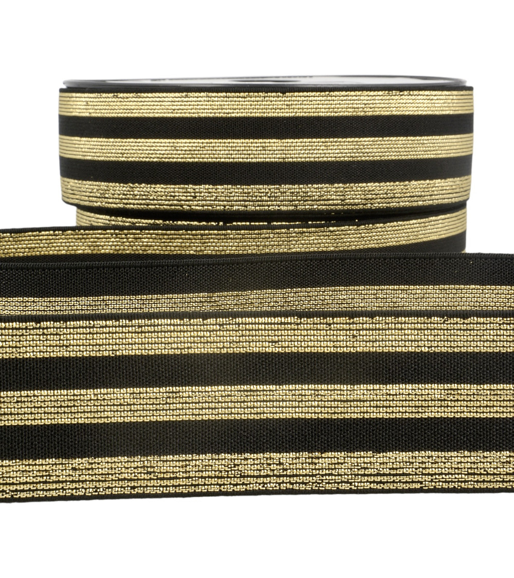 Metal striped elastic 40mm black/gold by the meter