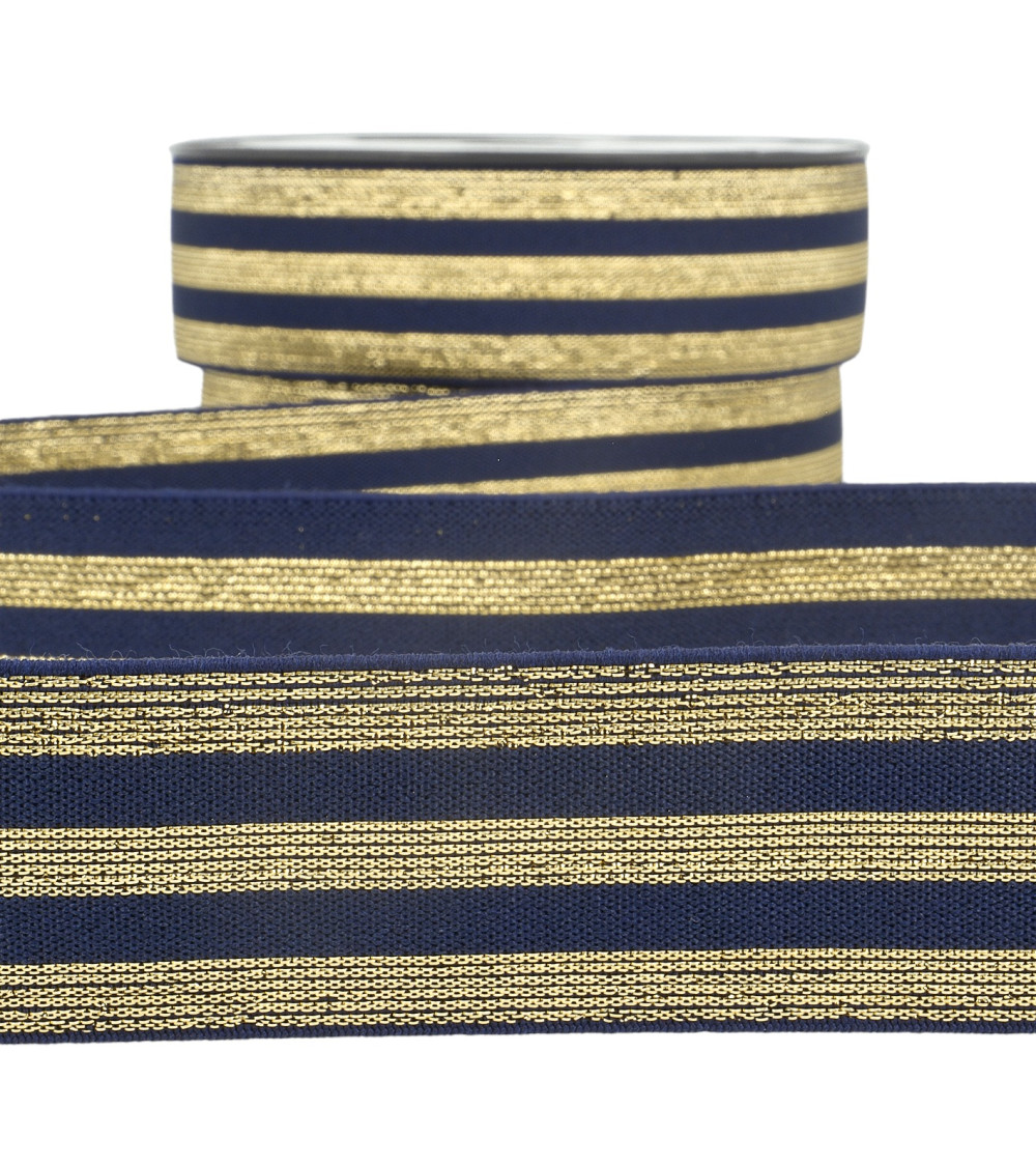 Metal striped elastic 40mm navy/gold by the meter