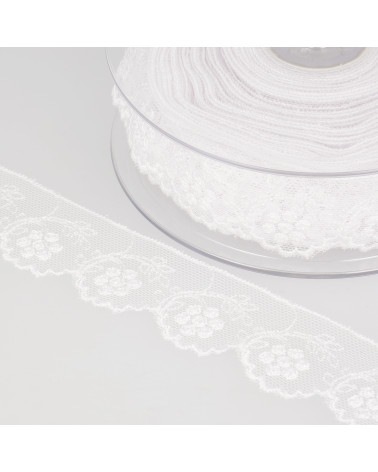 Tulle brodé fleurs 32mm blanc au mètre