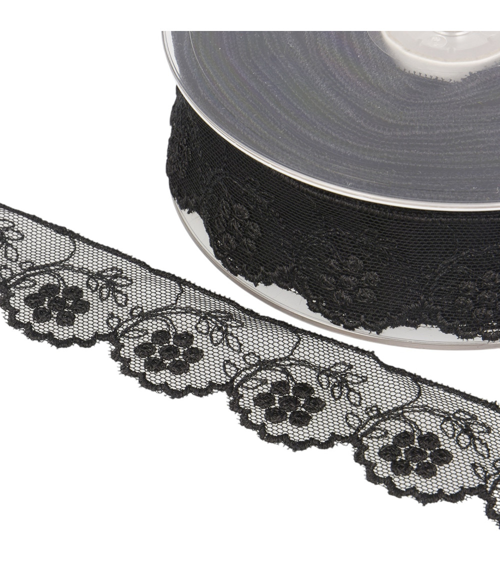 Tulle embroidered flowers 32mm black per meter