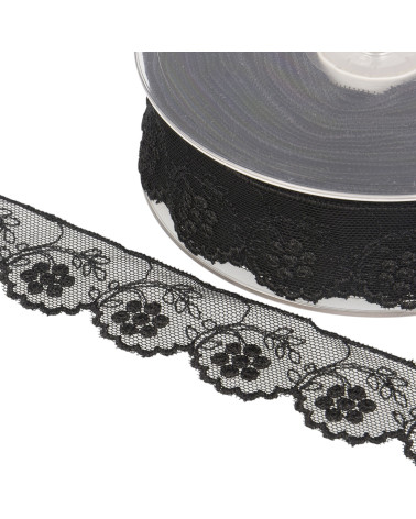 Tulle brodé fleurs 32mm noir au mètre
