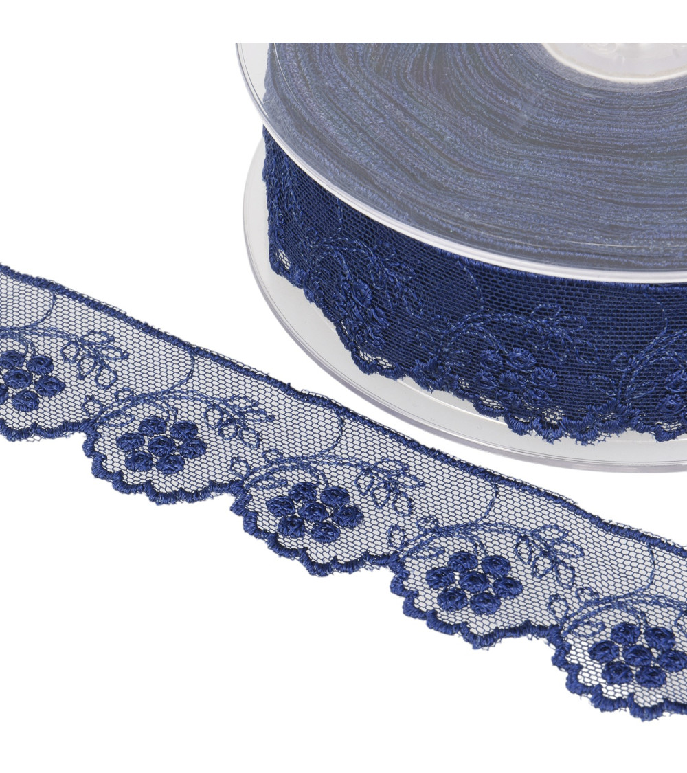 Tulle embroidered flowers 32mm navy blue per meter