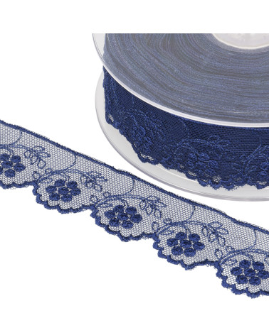 Tulle embroidered flowers 32mm navy blue per meter