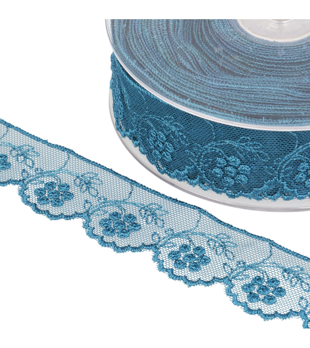 Tulle embroidered flowers 32mm duck blue per meter