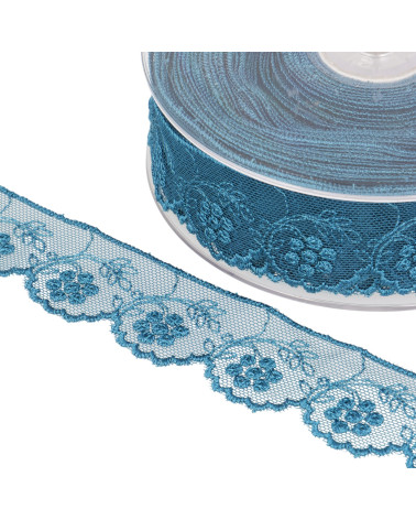 Tulle embroidered flowers 32mm duck blue per meter