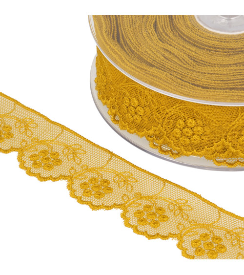 Tulle brodé fleurs 32mm jaune moutarde au mètre