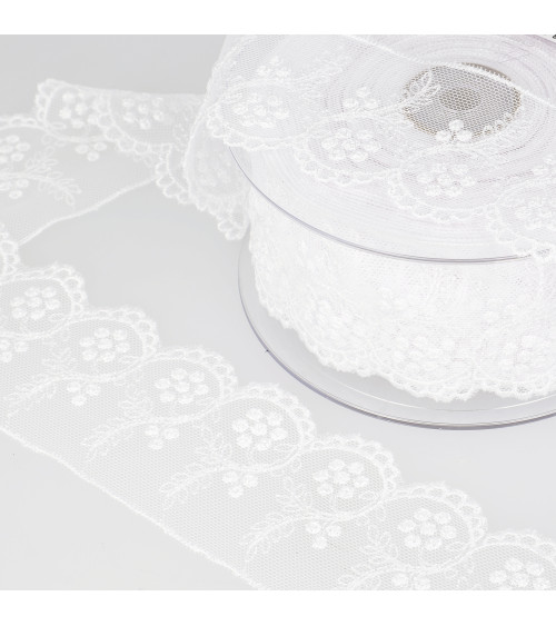 Mit Blumen bestickter Tüll, 52 mm, Weiß, pro Meter