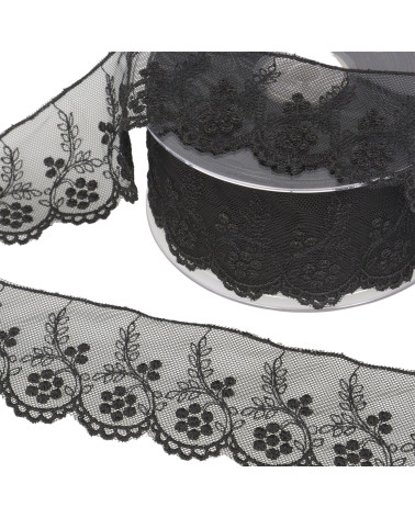 Tulle embroidered flowers 52mm black per meter