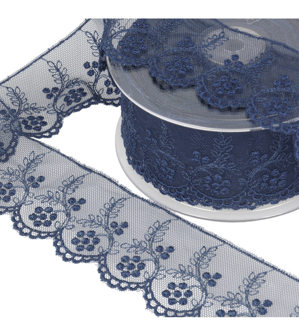 Tulle embroidered flowers 52mm navy blue per meter