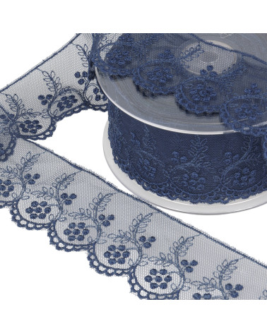 Tulle embroidered flowers 52mm navy blue per meter