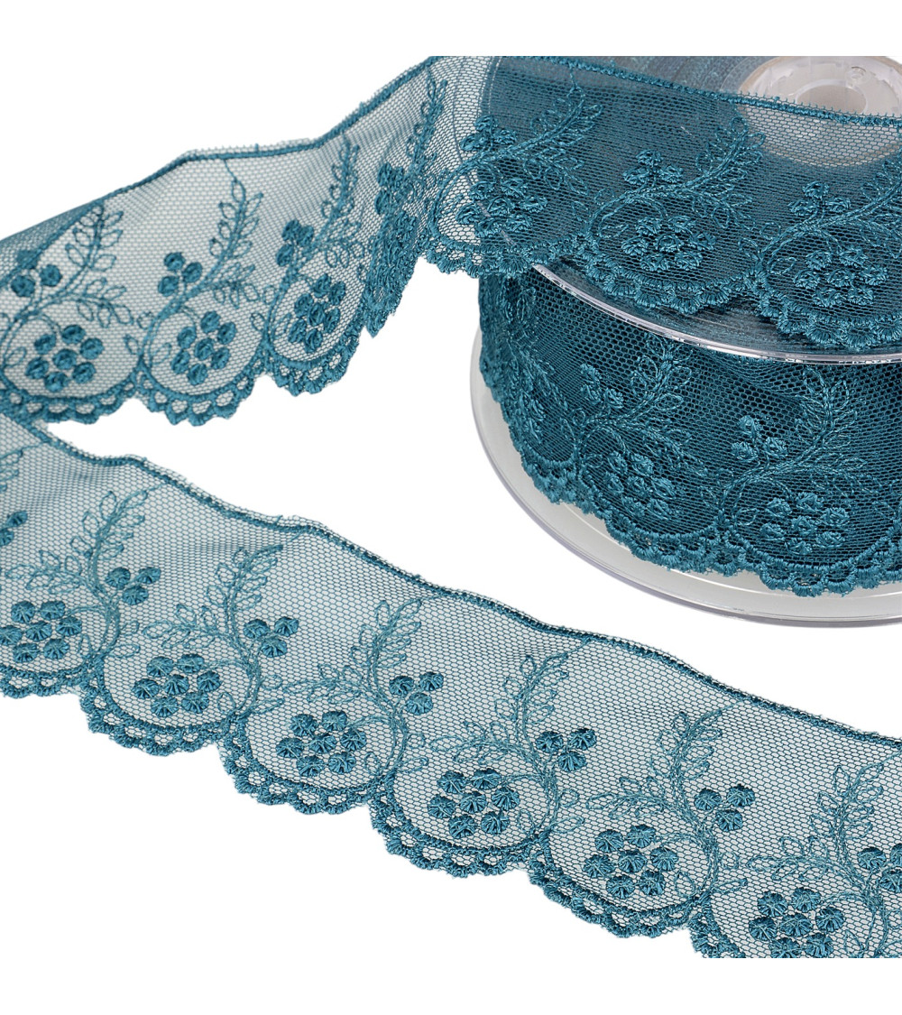 Tulle embroidered flowers 52mm duck blue per meter
