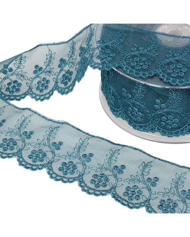 Tulle embroidered flowers 52mm duck blue per meter