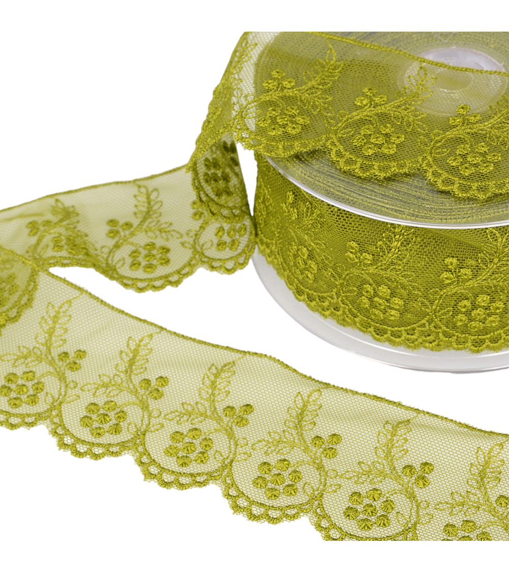 Tulle embroidered flowers 52mm khaki per meter